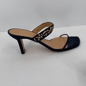 Richard Tyler strappy slide sandals heel shoe mule navy blue beading fabric 9